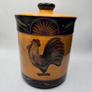 Susan Winget's "Proud Rooster" Earthenware Lang Canister 8" H x 7" Diameter EUC